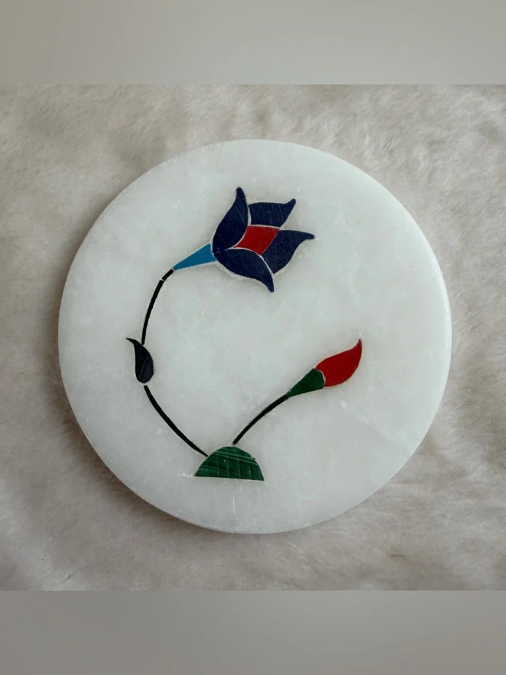 Set of 6 Vintage Marble Coasters with Holder Stone Inlay Flower Boho Pietra Dura